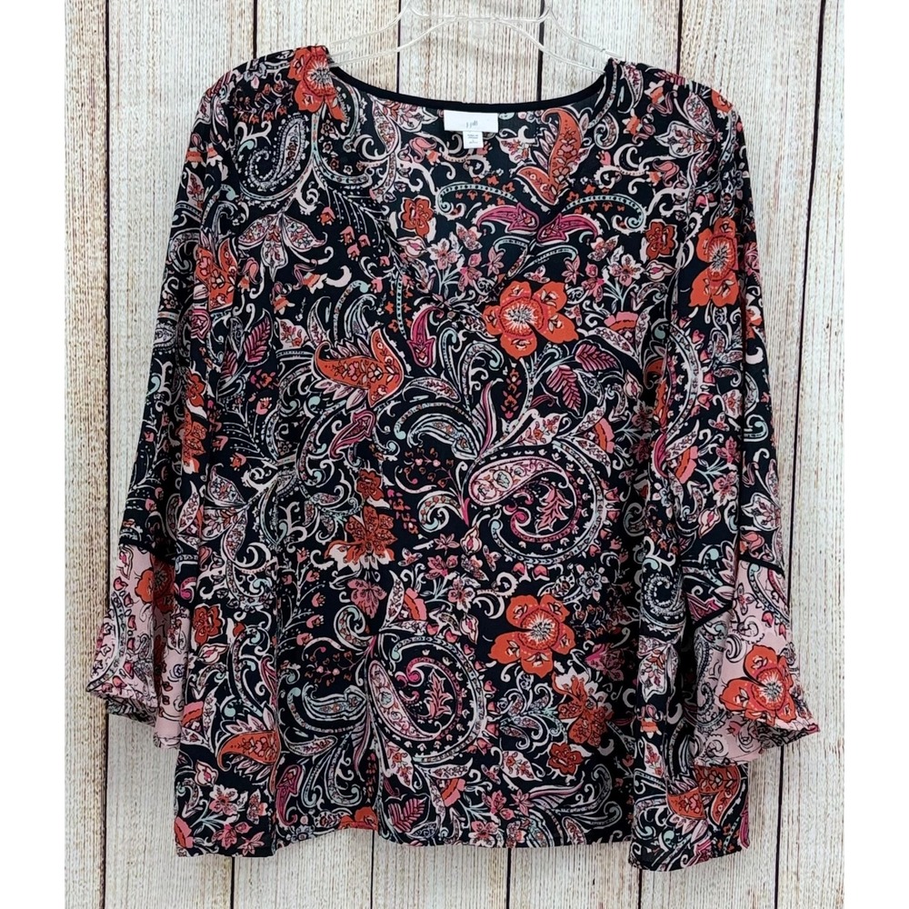 J. Jill Floral Paisley‎ Blouse Size Petite Large Pink Orange Bell Sleeve Boho